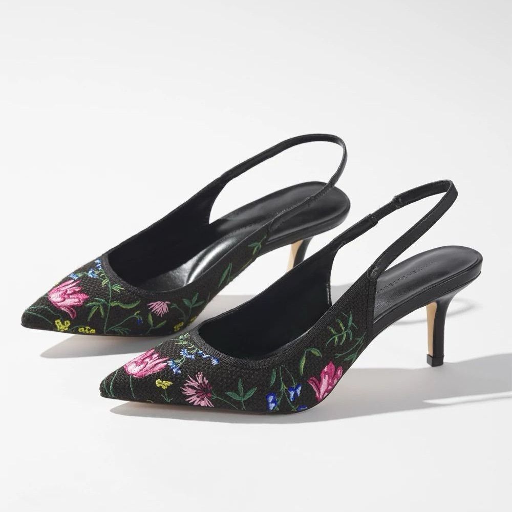 WHBM Elegant Black Floral Slingback Heels